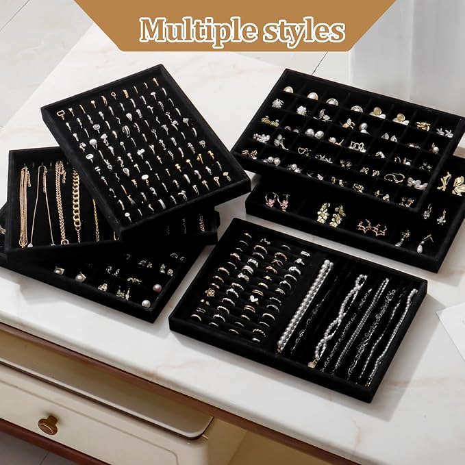 Large Velvet Jewelry Tray 2 Pack Stackable Jewelry Display Drawer Inserts Trays Organizer for Earring Bracelet Necklace Ring (Black, Ring and 24 Grids)