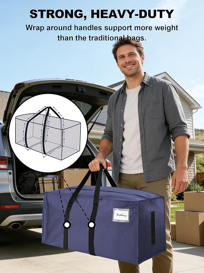 HOMESURE Supports 200lbs Heavy Duty Moving Bags - Strong Zipper & Wrap-Around Handles - Water-Resistant Storage Totes, Durable Alternative to Moving Boxes - 4 Pack - Blue