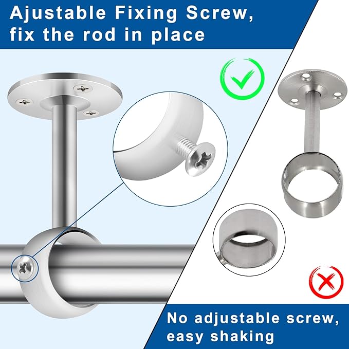TOKPLNU Ceiling Mount Curtain Rod Bracket Silver Heavy Duty Curtain Rod Holders, Stainless Steel, Ceiling Curtain Rods Hooks Hangers for 1 1/4 Inch Drape Pole, 2 Pack