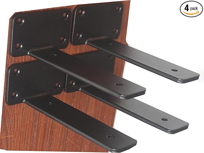 4 Pack - 6 inch Black Hidden L Shelf Bracket (1/5 Inch Thicked) Iron Floating Shelf Brackets Rustic Industrial Metal Brackets for Shelf Support