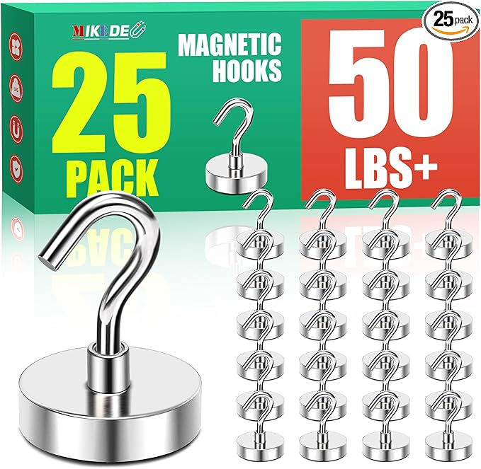 MIKEDE Magnetic Hooks 50Lbs Heavy Duty Earth Magnets with Hooks for Cruise Cabin Strong Magnet Hooks for Hanging Super Metal Magnetic Hanger for Grill Fridge Kitchen - Pack of 25