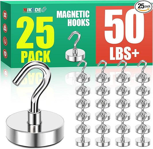 MIKEDE Magnetic Hooks 50Lbs Heavy Duty Earth Magnets with Hooks for Cruise Cabin Strong Magnet Hooks for Hanging Super Metal Magnetic Hanger for Grill Fridge Kitchen - Pack of 25