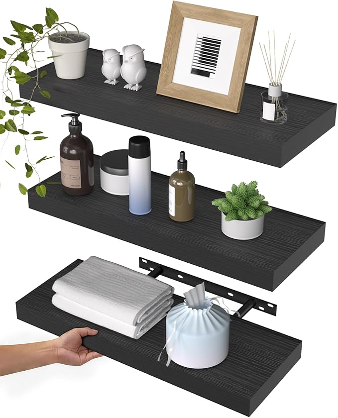 WALI Floating Shelves for Wall, 3 Tier Bathroom Storage Shelf Over Toilet, for Bedroom Bookshelf, Living Room Decor, Kitchen, Nursery, Laundry, Soundbar Floating Shelf Mount Under TV (CS103L), Black