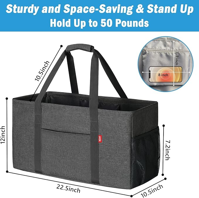 LHZK 2 Pack Extra Large Utility Tote Bag with Metal Wire Frame and the Sides Rinforced, Extra Large Tote Bag with Handle for Pool Beach Laundry Storage (Grey)