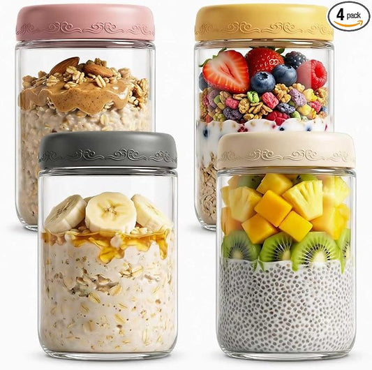 18oz 4Pack Glass Overnight Oats Jars Containers with Airtight Leakproof Lids, Reusable Mason Jars for Meal Prep, Yogurt Parfaits, Smoothies, Salads & Healthy Breakfasts (18 OZ-4-2)