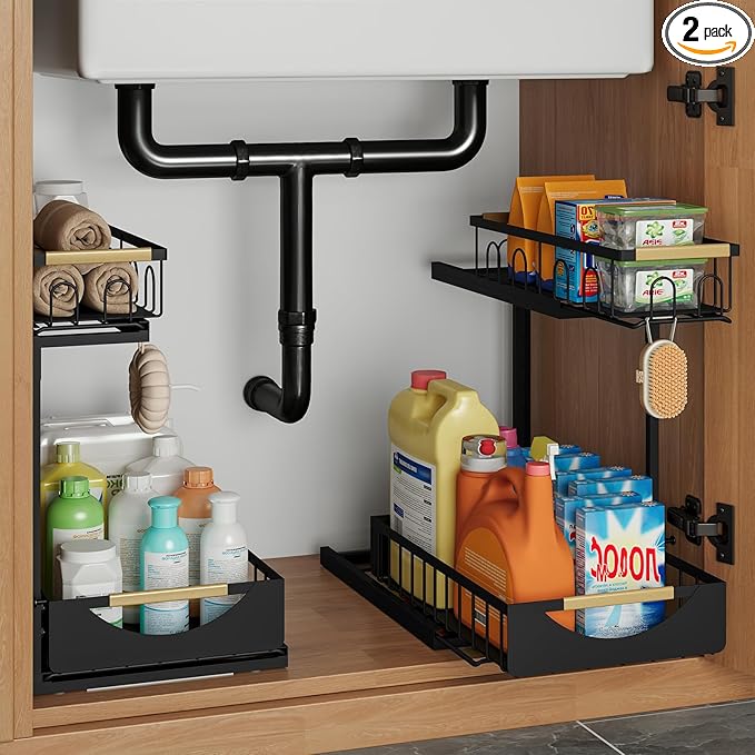 2 Pack 2 Tier Under Sink Organizer and Storage for Bathroom and Kitchen - Under Cabinet Pull Out Shelf Organizers - Sliding Out Drawer Organization for Home Cabinets Shelves and Drawers