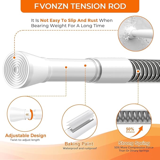 2Pack Spring Tension Curtain Rod 45 to 76 Inch 7/8" Diameter No Drilling Adjustable White Curtain Rods for Window Doorway Closet Door Kitchen Bathroom