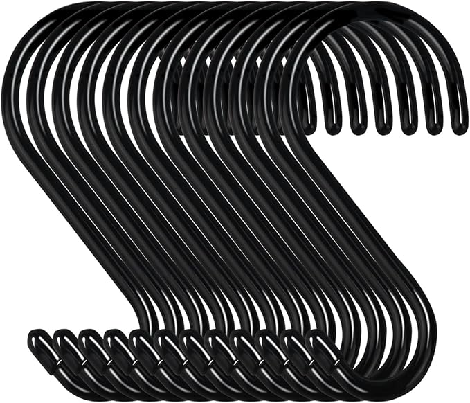 DINGEE 4 Inch 12 Pack S Hooks - Heavy Duty, Large Rubber Coated Black Non Slip Metal Hooks for Closet, Garden, Jeans, Plants, Jewelry, Pot, Pan, Cups, Towels