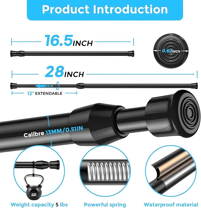 AIZESI 2PCS Tension Rods 17 to 28 inch, Black Tension Rods Adjustable Spring Tension Window Rods Short Tension Rod Expandable Pressure Rod for Shoe Rack Hanger Curtain Rod Closet Rods