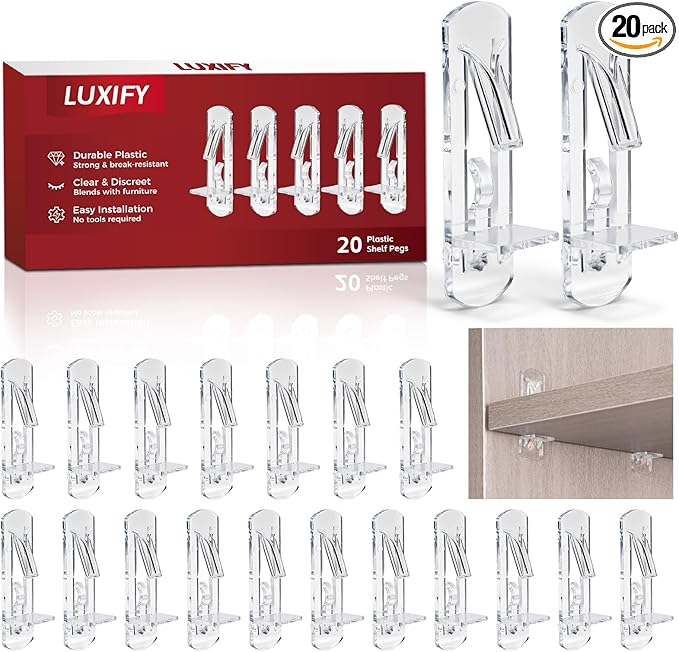 20 PCS Locking Shelf Pegs 5mm*3/4" Plastic Clear Shelf Pins & Pegs for Kitchen Cabinets, Bookcases, Wardrobe Transparent Plastic Shelf Support Pins, Compatible with Standard 5mm Holes