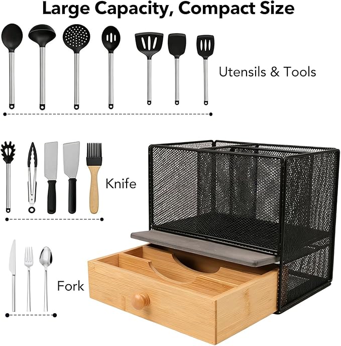 Kitchen Utensil Holder Countertop, Extra Large Utensil Organizer with Drawer, 2-In-1 Utensil & Silverware Holder for Countertop, Kitchen Organizer for Cookware Spatula, with Quick Dry Diatomite Base