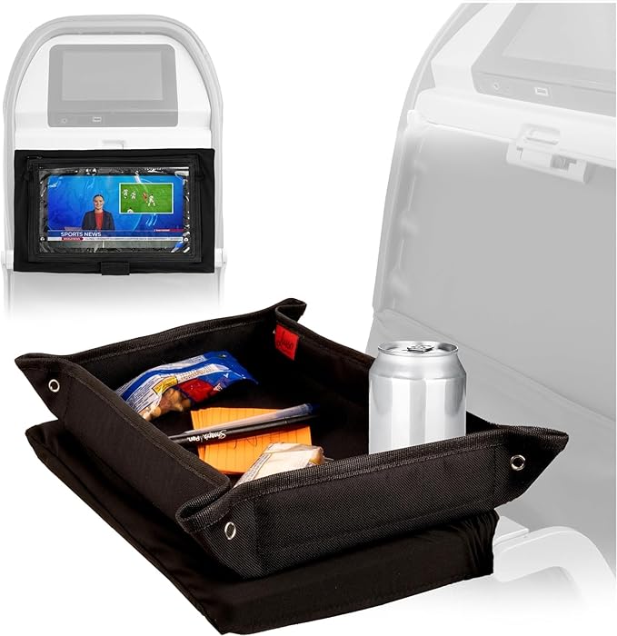 Lusso Gear Airplane Tray Table Cover - Portable Organizer for Kids Travel Essentials - Foldable Cover with Pockets for Car Seat Tray - Modern Linen Style for Road Trip Activities for Kids - Black