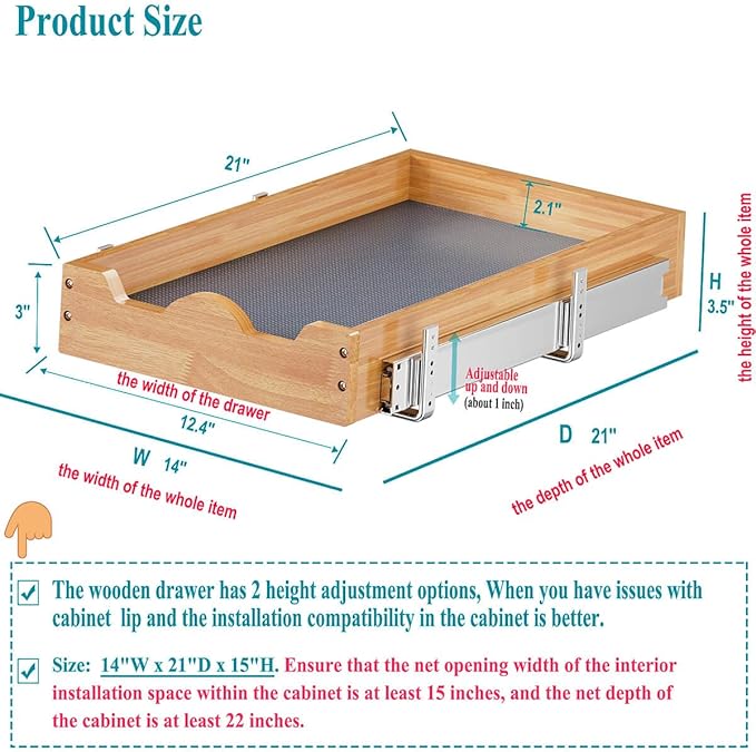 OCG Pull Out Drawers For Kitchen Cabinets 14" W x 21" D, Slide out Wood Drawer Shelf, Pull Out Shelves for Base Cabinet Organization in Kitchen, Pantry, Bathroom