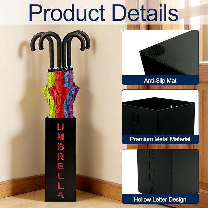 Square Metal Umbrella Canes Holder, Free Standing Umbrella Rack Stand Storage Bucket, Walking Sticks Organizer Bin for Indoor Entryway, Home, Office and Hotel, 16.3" x 6.3" x 6.3", Black