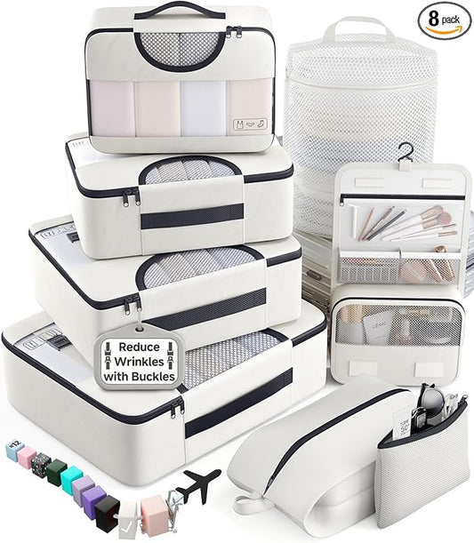 Veken 8 Set Packing Cubes for Travel Essentials, Suitcase Organizer Bags in 4 Sizes, Carry-On Luggage Accessories with Large Laundry & Shoes Bag, Must-Have for Airplane, Road Trip & Camping