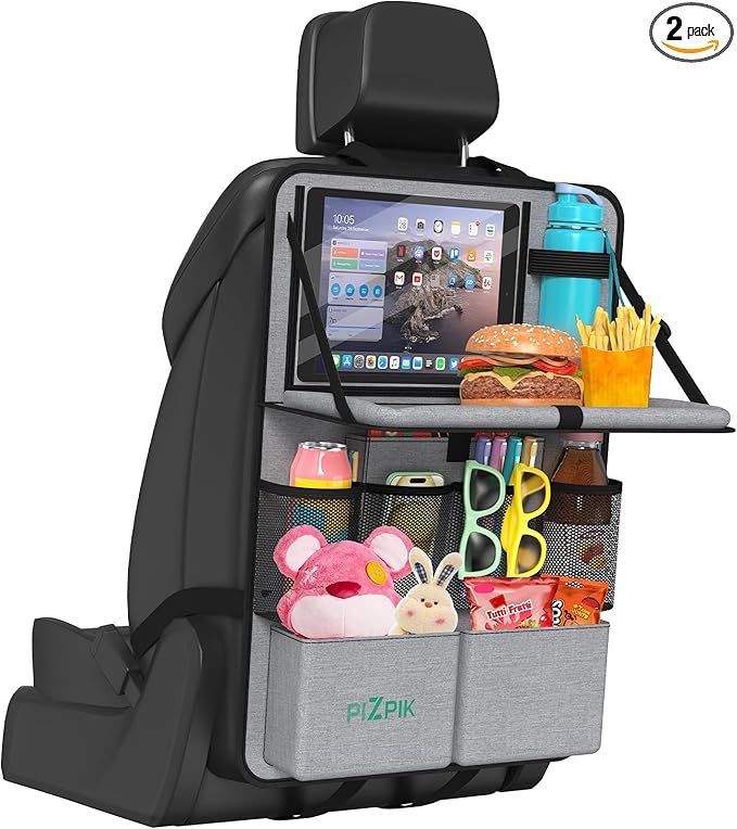 Plzpik Car Backseat Organizer with Tablet Holder,11 Storage Pockets with Foldable Food Tray, Protector Kick Mats for Kids, Travel Accessories Organizer (Gray, 1Pack)