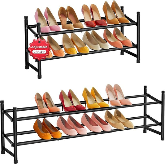 Tajsoon Expandable Shoe Rack for Closet 2 Tier, 28“-41“ Adjustable & Stackable Shoe Shelf Storage, Metal Shoe Rack Organizer for Front Door Entrance, Closet, Garage, Entryway, Black