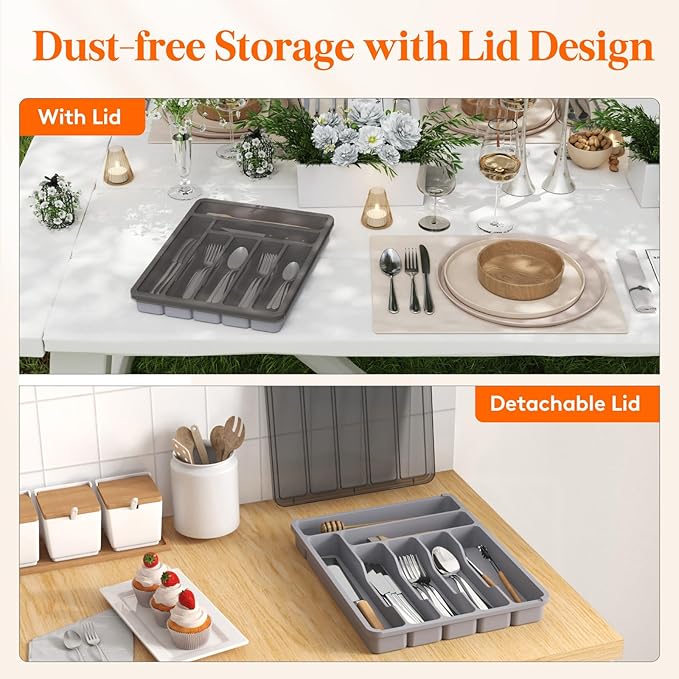 Lifewit Silverware Organizer with Lid, Covered Utensil Tray for Kitchen Drawer and Countertop, Plastic Cutlery and Flatware Storage Box for Spoons Forks Knives Holder Case, 29 x 37cm, Gray