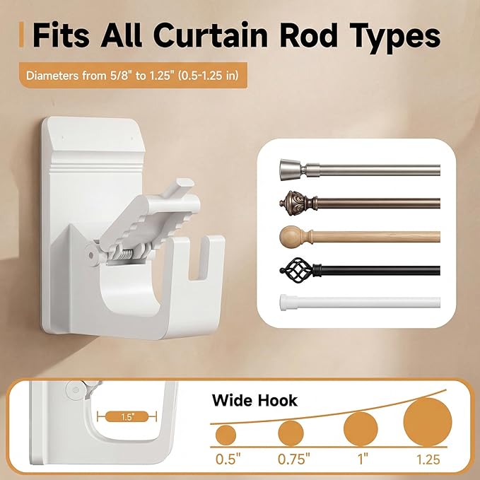 Universal Heavy Duty Curtain Rod Brackets, No Drill Curtain Rod Brackets with Adhesive & Invisible Nail, 30+LB Load Curtain Rod Holders, Damage Free Curtain Rod Hooks for Wall, Bathroom, Kitchen 8PC