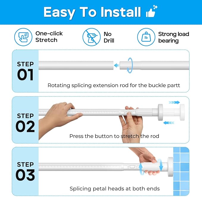 White Tension Curtain Rods 41-126 In Extra Long Outdoor Patio Curtain Rods No Drilling Adjustable Heavy Duty Tension Rods for Windows Bathroom Living Room Curtains, Rod Diameter 1.26In