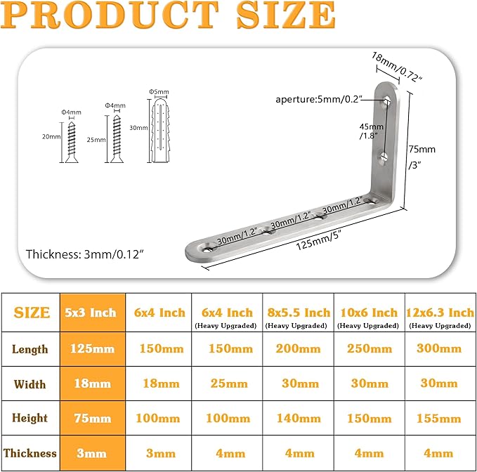 Alise Floating Shelf Brackets,L Brackets for Shelves Heavy Duty Shelving Bracket Stainless Steel Corner Brace Angle Brackets for Wood,5x3 Inch Wall Bracket,Pack of 4,Brushed
