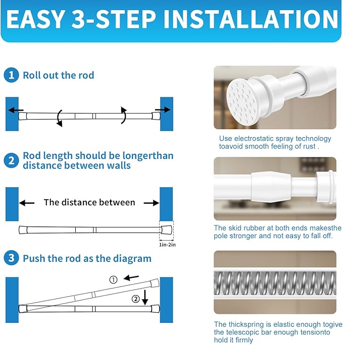 AIZESI 2 Pack Tension Curtain Rods for Windows 27 to 38 inch, Adjustable Expandable Pressure Spring Curtain Rods No Drilling, White Tension Rods for Bedroom Closet Door