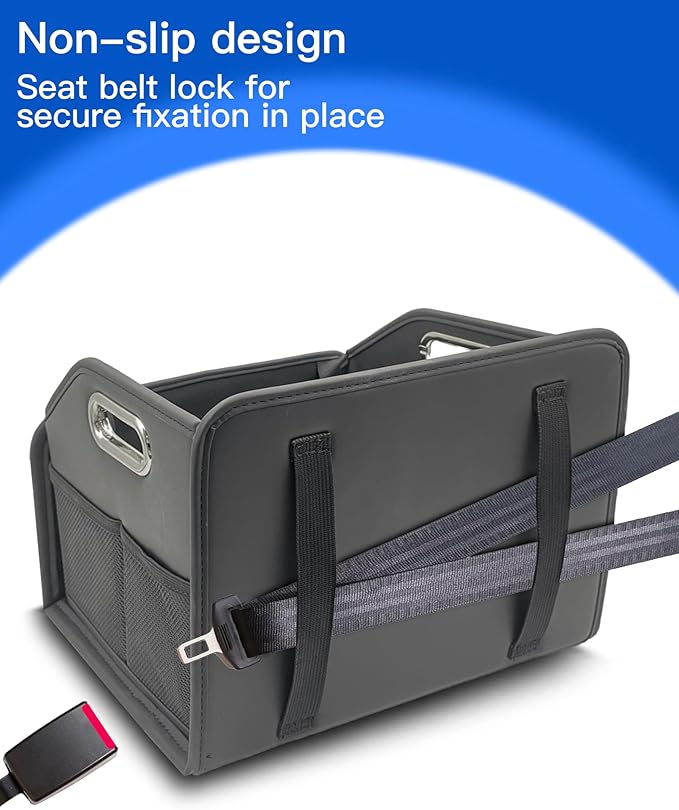 Car Storage Basket, Foldable with Removable Dividers, PU Leather Seat Organizer with Metal Handle, Non-Slip Stable Design, Passenger Front Seat Storage for Back Seat & Floor, 12.6 Inches