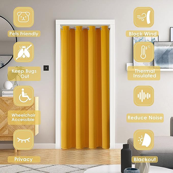 ChrisDowa Blackout Door Curtain for Doorway Privacy, Grommet Closet Curtain for bedroom closet door, Thermal Insulated Temporary Door Cover Room Divider Drapery (1 Panel, Mustard Yellow, 42 x 80 Inch)