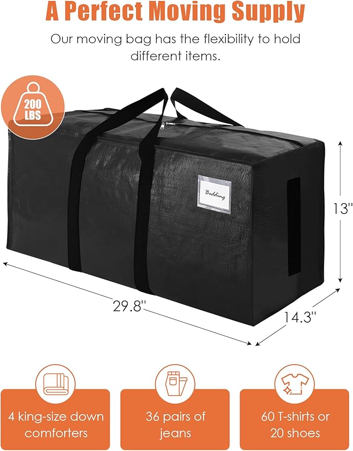 SWEET DOLPHIN 8 Pack 200LB Heavy-Duty Moving Bags with Wrap-Around Handles, Extra Large Storage Totes for Space Saving, Clothes Storage Bags, College Dorm Essentials, Black, 24 Gal