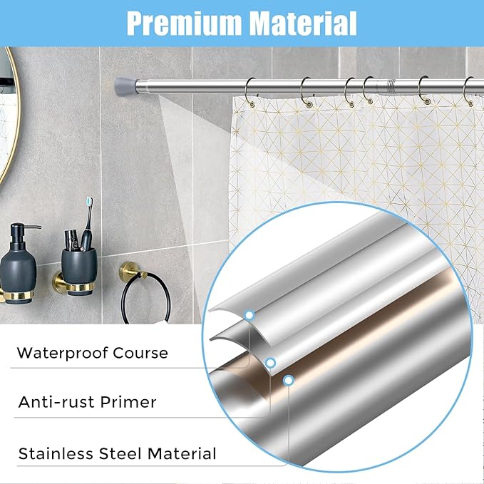 AIZESI Shower Curtain Rod 30-64 Inch Adjustable Curtain Rods Never Rust & Non-Slip Spring Tension Curtain Rods No Drilling Shower Rods for Bathroom Window Kitchen, Silver