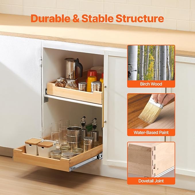 VEVOR Pull Out Cabinet Organizer, 17"W x 21"D Cabinet Drawer, Soft Close Slide out Shelf, Heavy-Duty Sliding Wood Drawer, Bottom Mount Size（17.5"W x 23"D）and Side Mount Size（18"W x 23"D）