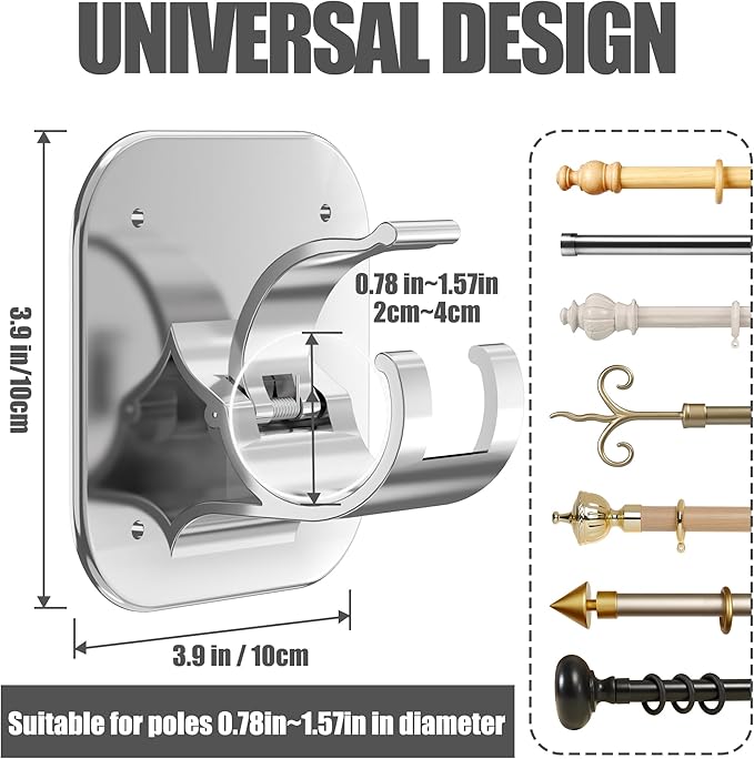 4PCS No Drill Adhesive Curtain Rod Brackets 40LB, Curtain Rods No Drilling Renter Friendly Hooks No Damage Curtain Holders, Apartment Farmhouse Classroom Decor Hanging Drapes