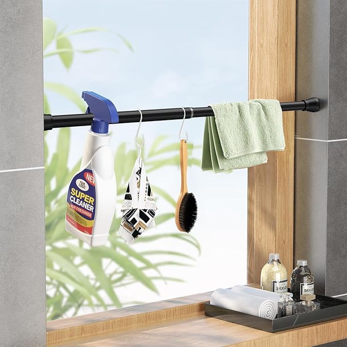 Small Tension Rod Black Spring Curtain Rod No Drilling Spring Tension Rods 1pack Adjustable Curtain Rod Tension for Bookshelf Diy Projects Kitchen, Cupboard,Tension Rod 16 to 26 Inch