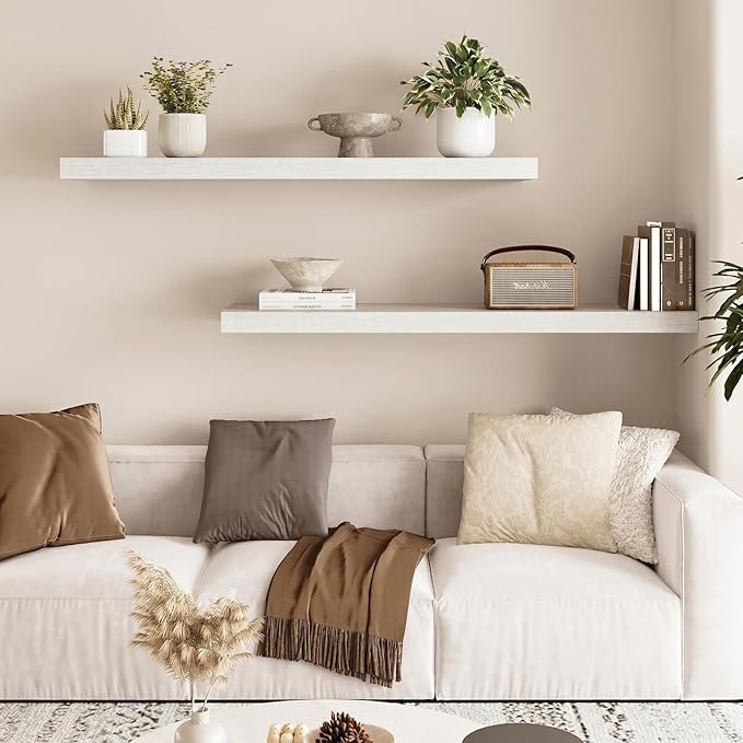 Fixwal Floating Shelves for Wall, 35" Long Heavy Duty Wall Mounted Rustic Wood Shelves for Living Room, Bedroom, Bathroom and Kitchen, for Storage, Books, Room Decor (White, Set of 2)