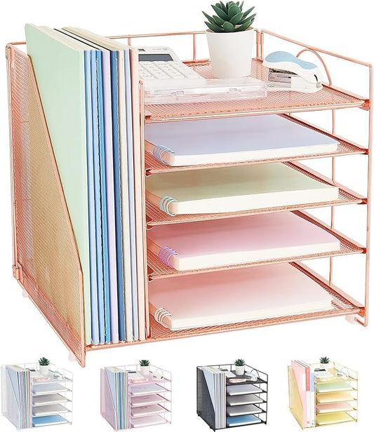 Desk Organizers and Accessories, 5-Tier Paper Letter Tray Organizer with File Holder, Desktop Organizer for Office Supplies (Rose Gold)