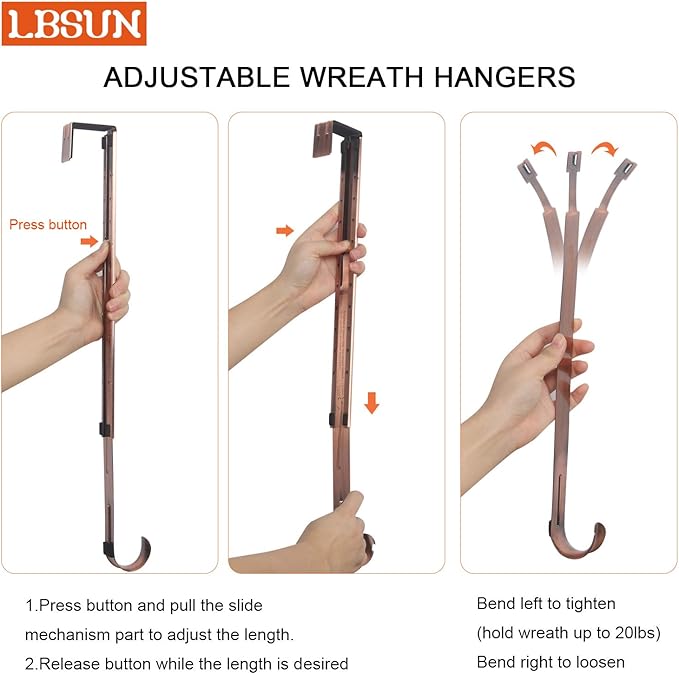Wreath Hanger, Adjustable Over The Door Wreath Hanger Wreath Holder Wreath Hook for Door Christmas (Bronze,20 lbs)