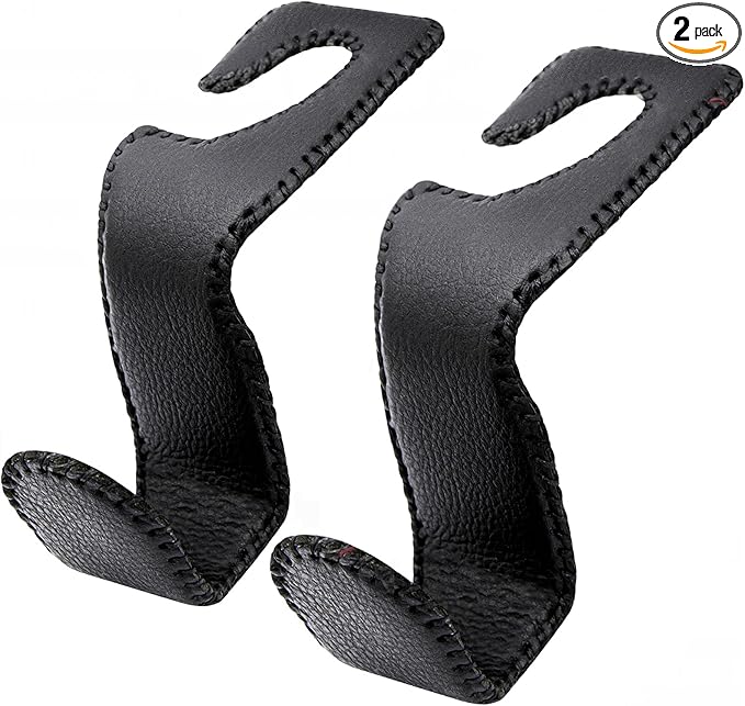 EldHus Headrest Hooks for Purses and Bags, 2 Pack Car Seat Hooks for Grocery Bag Handbag, Metal Car Purse Holder Covered by Leather, Black