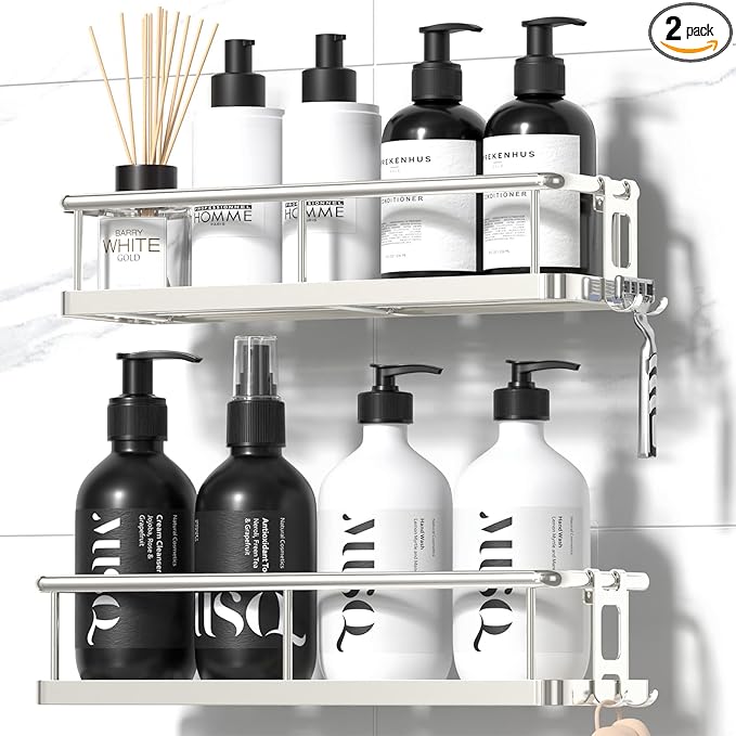 YASONIC Shower Caddy Adhesive, No Drill Bathroom Shower Organizers, with Removable Hooks, Rust Proof Shower Shelves, Wall-Mounted Shower Holder, 2 Pack Silver
