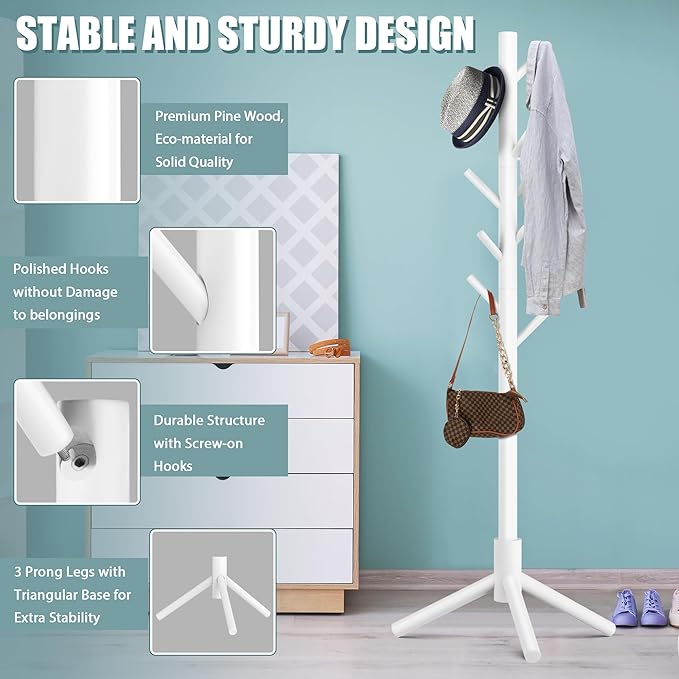 Haddockway Wooden Coat Rack Stand with 8 Hooks New Zealand Pine 3 Adjustable Coat Standing Tree Easy Assembly for Coats, Hats, Scarves and Handbags for Entryway, Hallway, Bedroom, Office, white
