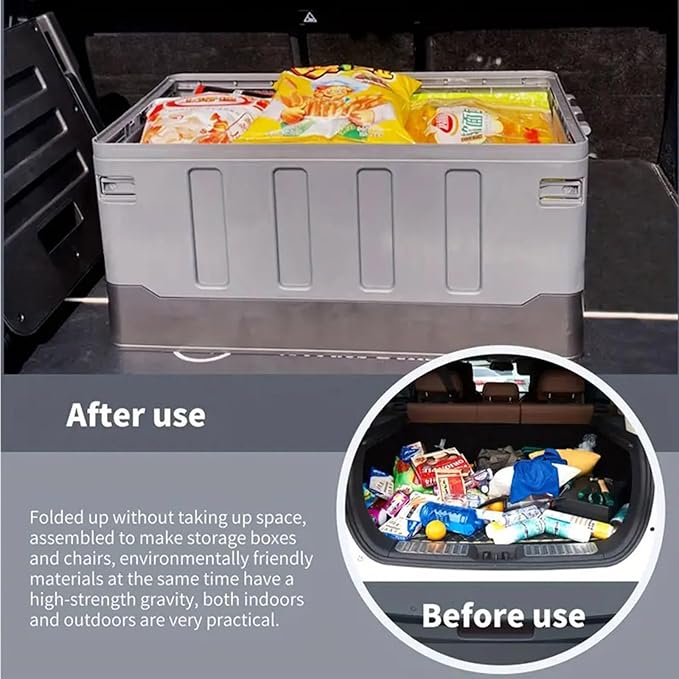 Versatile Foldable Seatable Car Organizer Box Heavy Duty Storage Bins With Lids Trunk,Durable Plastic,60L Can Store Clothes, Toys Camping Equipment in Large Capacity (yellow)