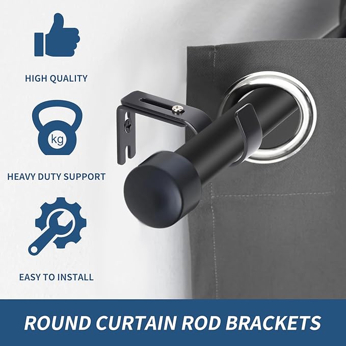 Premium Curtain Rod Brackets for Wall - Adjustable Hooks, Iron Holders for 1 Inch Rod - Black (2 PCS)
