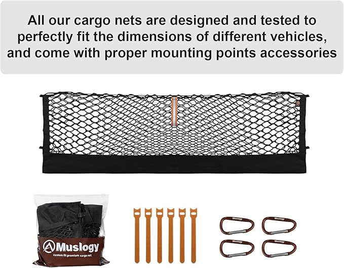 Muslogy Truck Bed Cargo Net Trunk Netting Compatible with 2024-2026 GMC Acadia | Chevy Traverse | 2025+ Buick Enclave Accessories, Pickup Cargo Organizer SUV Sedan Storage Net w/Heavy Duty Carabiners