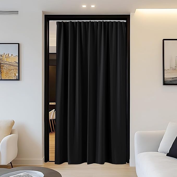 NICETOWN Doorway Curtain & Track Set, Blackout French Door Curtain with Smooth Track for Closet/Bay, Thermal Insulated Temporary Door for Living Room/Bedrrom Privacy, W 34 x L 80 in, Black, 1 Panel