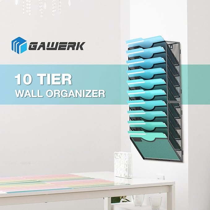 Gawerk 10-Tier Wall File Organizer Hanging Wall File Holder Wall Mount Paper Folder Organize, Mesh Magazine Document Mail Organizer Wall Organizer for Office School Home, Black