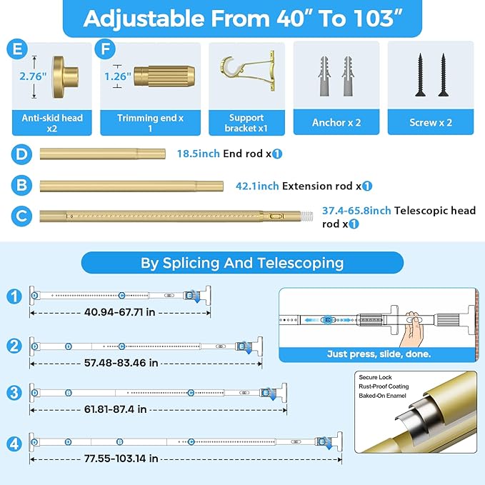 AIZESI 41-100 Inch Heavy Duty Gold Tension Curtain Rod - No Drilling, Adjustable, Rust-Proof for Outdoor, Living Room, Bathroom