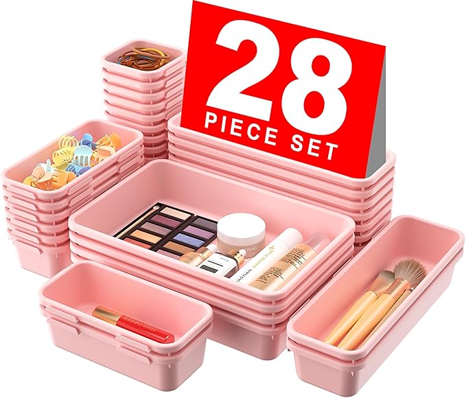 A-LuGei 【28pcs】 【5size】 Drawer Organizer, Makeup organizer, 【Holds 177 Items】 Bathroom Organizers and Storage, Plastic Desk Organizer Divider, Organizer Bins(5size)(LightPink)