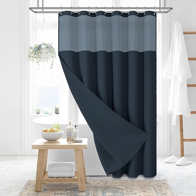 Dynamene Extra Long Shower Curtain, 84 Inch Long Waffle Fabric Shower Curtain for Bathroom, Tall Waterproof Cloth Shower Curtain Liner Set with Hook, Snap in Liner, Mesh Top Window, Navy Blue, 72x84