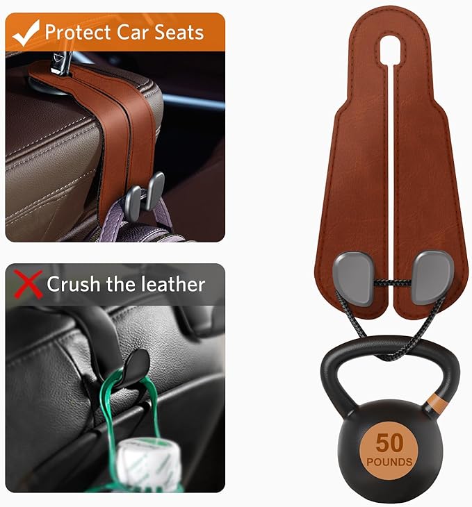 CoBak Purse Hook for Car - Universal Premium Stitched Leather and Aluminum-Magnesium Alloy Double Car Seat Back Storage Hook for Purses, Handbags, Bags (2 Pack),Russet Brown