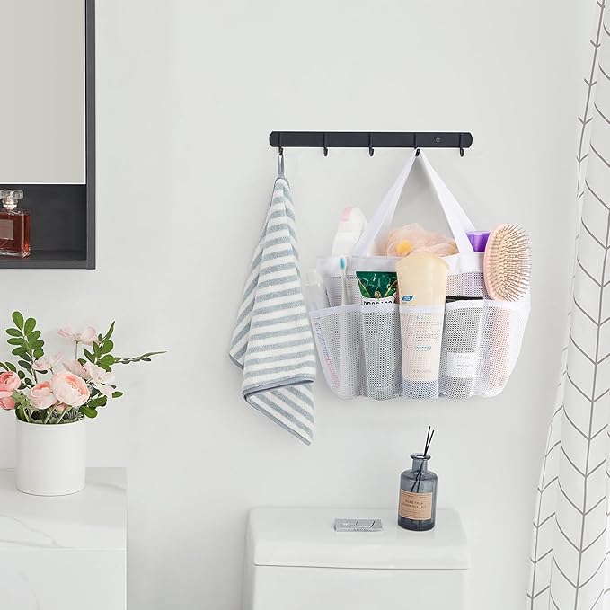 Lifewit Mesh Shower Caddy Portable for College Dorm Room Essentials with 7 Pockets, Freestanding Hanging Organizer Basket, Quick Dry Tote Bag for Camping, Bathroom, Beach, Travel, 1 Pack, White