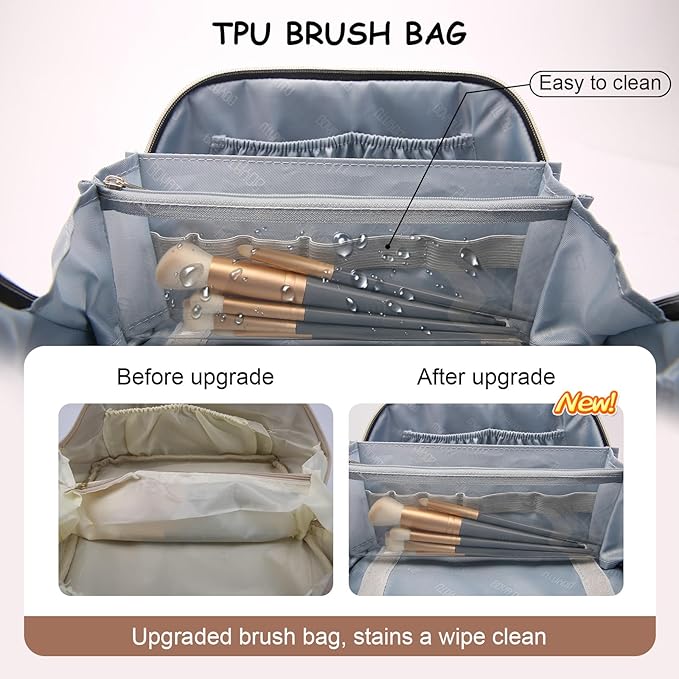 Travel Makeup Bags Organizer for Women: 3 Pcs Set Cosmetic Bag - Large Make up Bag with Compartments - Flat Open Waterproof Leather Toiletry Bags for Skincare, Brushes & Travel Essentials - Beige